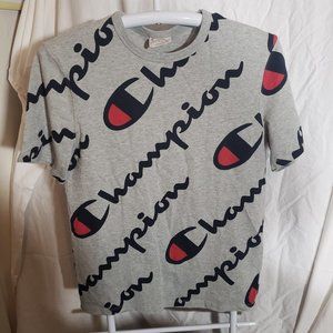 Champion All-Over Print on Gray T-Shirt Embroidered Logo Size Medium